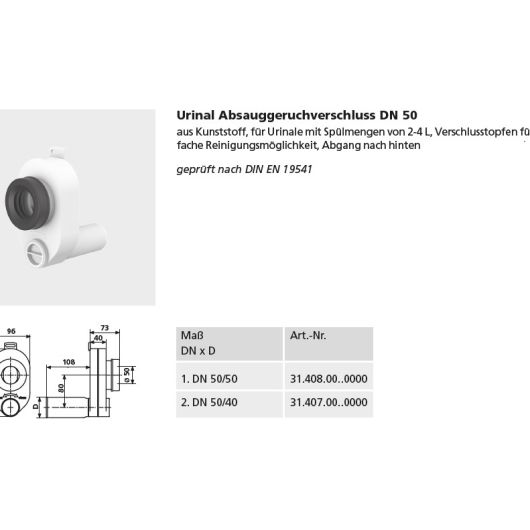 Urinal Siphonanschluss (Absauggeruchverschluss) DN 50/50 (DNxD)